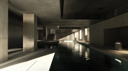 Fototapeta premium Brutalist concrete architecture defining an indoor swimming pool, water reflecting warm sunlight creating deep shadows, and an environment conveying modern design and a sense of calm