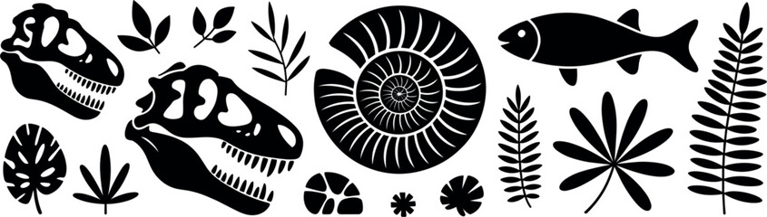 Prehistoric Silhouette Vector Set Featuring Dinosaur Skulls, Fossils, Ammonite, Fish, and Ferns for Paleontology, Science, and Educational Designs © Shakhawat