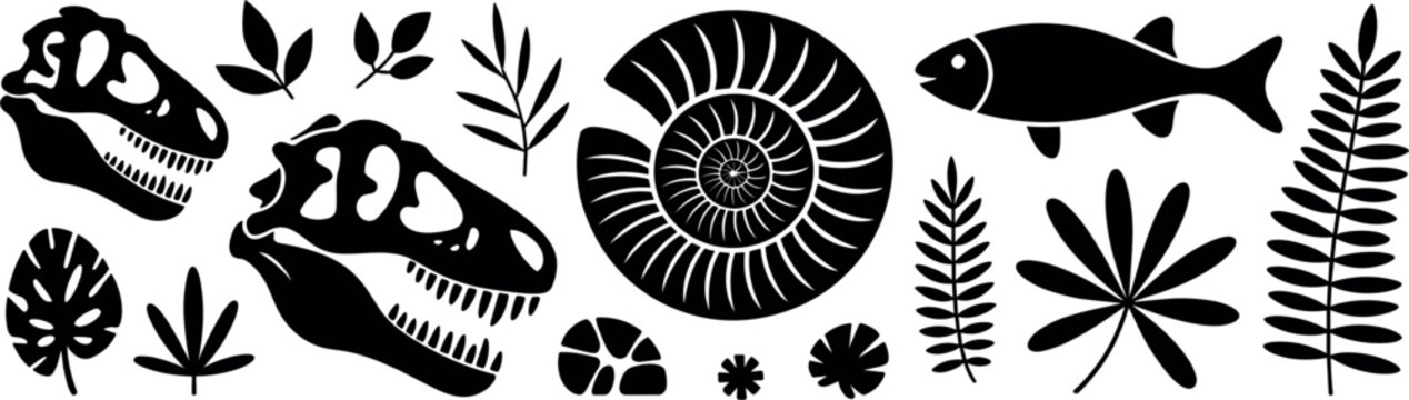 Prehistoric Silhouette Vector Set Featuring Dinosaur Skulls, Fossils, Ammonite, Fish, and Ferns for Paleontology, Science, and Educational Designs