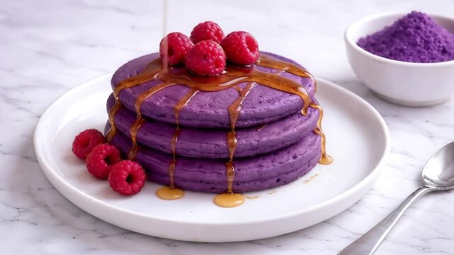 4K Macro close-up of ube pancakes with maple syrup and raspberries, vibrant purple yam brunch stack with fluffy texture, trendy cafe breakfast dessert for brunch menu and food advertising
