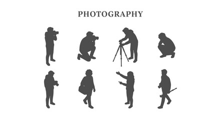 Fototapeta premium Flat Vector Photographer Silhouettes, Black Solid Architectural Scale Figures for Urban Design and Floor Plans, Characters with Cameras and Tripods for Architectural Visualization