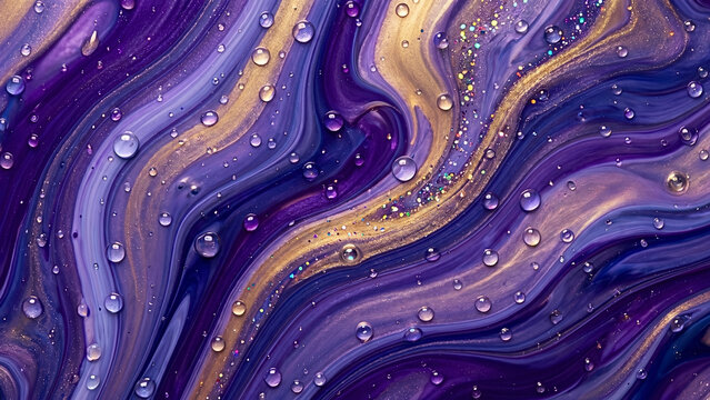 Dramatic Royal Purple Indigo Swirling Fluid Abstract Background with Glossy Resin Texture and Golden Highlights