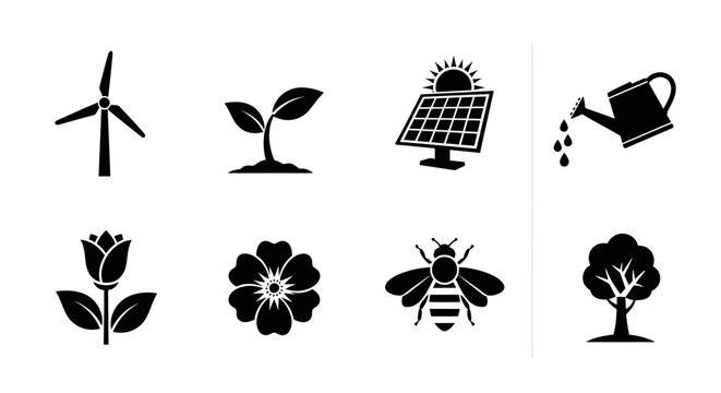 Sustainability and nature icons set including wind energy solar power garden tools bumblebee flowers and trees for eco friendly environment protection concepts
