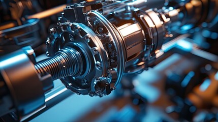 Naklejka premium Complex internal components of a high tech mechanical engine device, featuring metallic gears and shafts, highlight intricate industrial technology and dynamic energy generation