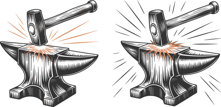 Blacksmith hammer striking anvil vector engraving, vintage forging workshop illustration design