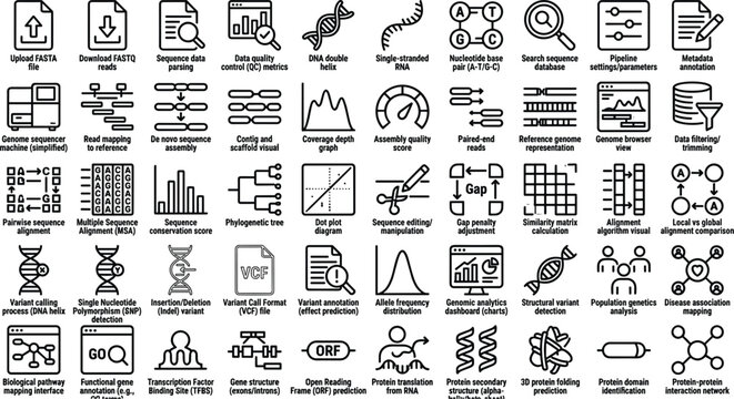 Bioinformatics Genomic Data Analysis Line Icons Set for DNA Sequencing, Protein Research, and Laboratory Interface Design