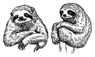 Fototapeta premium Sloth characters sitting in various poses in vintage engraving style