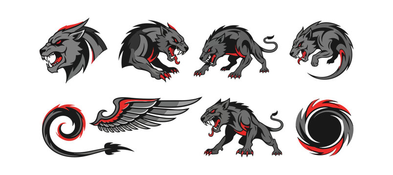 Stylized creature illustrations with wings and dynamic compositions on black background