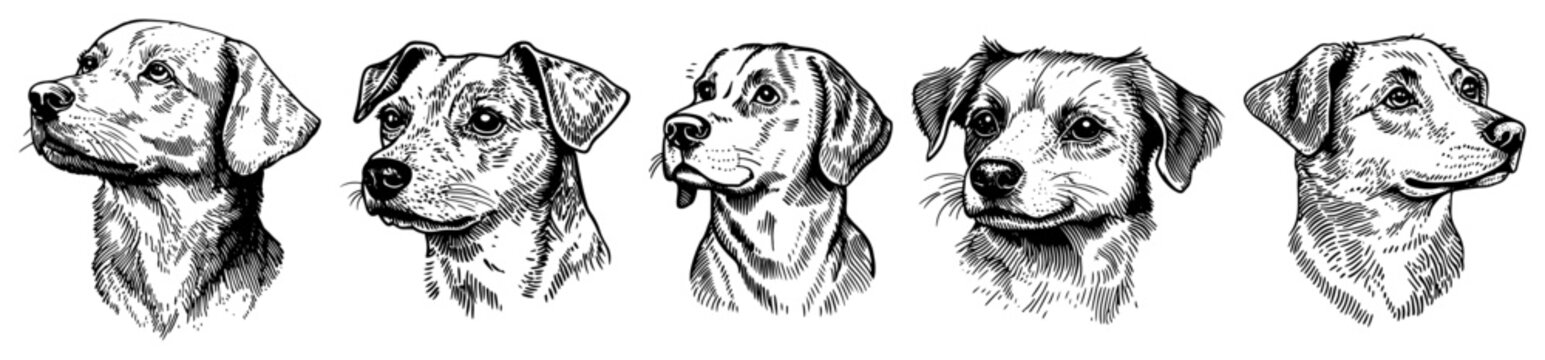 Dog head portraits of various breeds in detailed hand drawn vintage engraving style