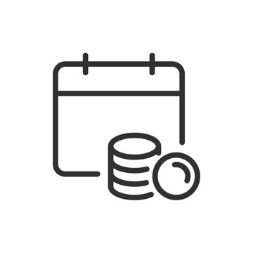 Calendar with coins, linear style icon. Payment schedule and financial planning. Editable stroke width.