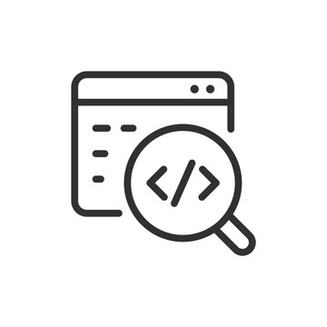 Code search in browser, linear style icon. Programming and code analysis. Editable stroke width