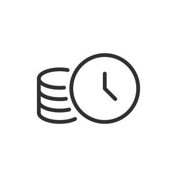 Coins with clock, linear style icon. Delayed payment and financial deadline. Editable stroke width.