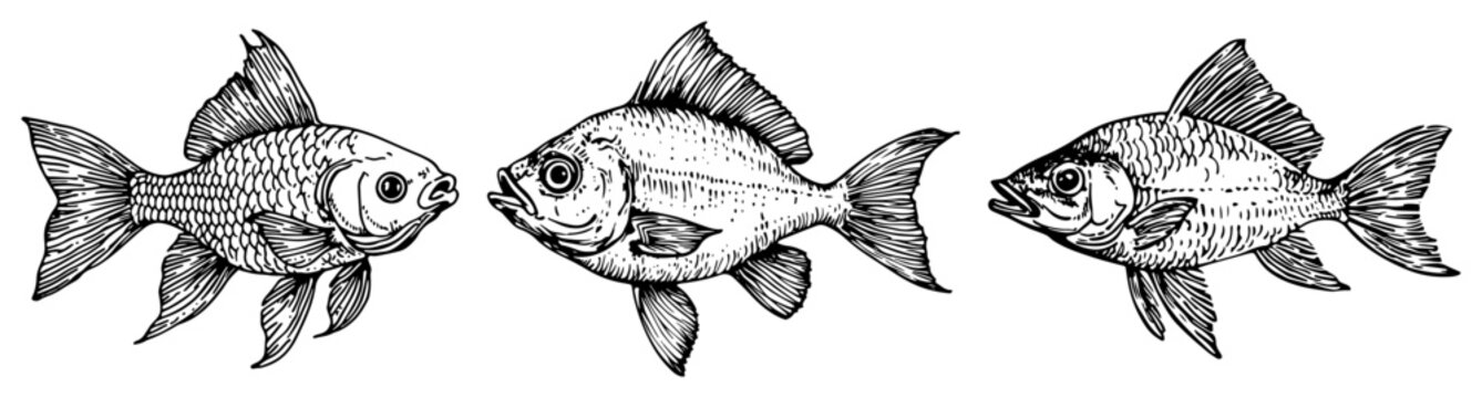 Freshwater fish collection featuring carp and goldfish in hand drawn engraving style