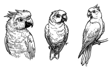 Parrot and cockatiel birds in hand drawn engraving style © Kaz