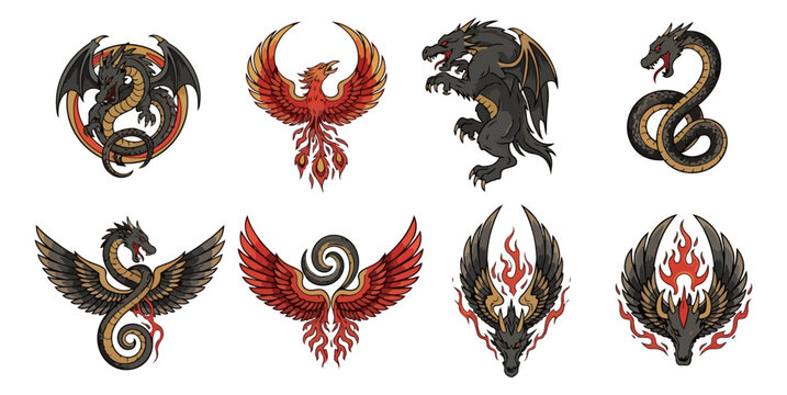Stylized mythical creatures collection isolated on black background