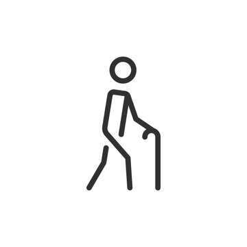 Person with cane, linear style icon. Mobility assistance and visual impairment support. Editable stroke width.