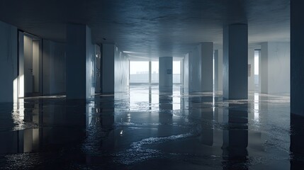 Fototapeta premium Empty modern building interior standing abandoned with a wet floor, light reflecting in puddles of water, and columns creating an atmospheric sense of decay