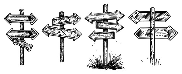 Wooden signpost set with directional arrows for hiking and travel in vintage woodcut style © Kaz