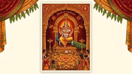 Obraz premium Vibrant traditional Indian artwork depicting a Hindu goddess seated on a golden throne, surrounded by devotees and intricate floral patterns, under an ornate arch.