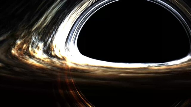 Realistic supermassive black hole with glowing golden accretion disk and gravitational lensing, cinematic outer space background loop.