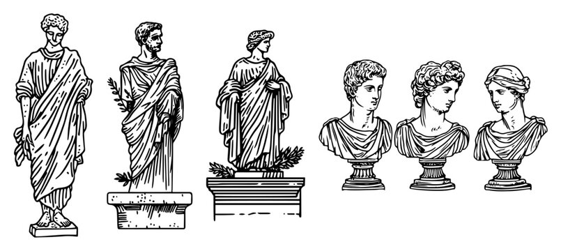 Ancient Greek and Roman sculptures with statues and busts in vintage engraving style