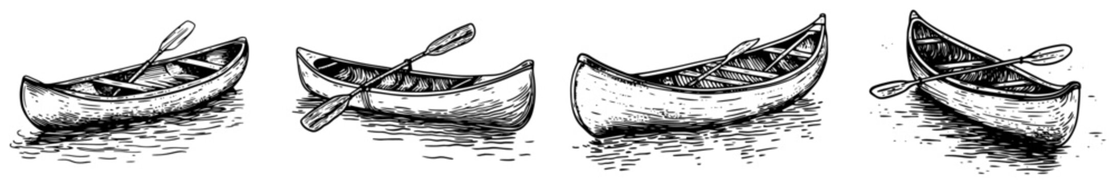 Wooden canoe collection with paddles and oars for outdoor adventure in hand drawn engraving style