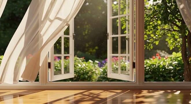 A bright and airy room with open windows and white curtains blowing in a gentle breeze overlooking a sunny summer garden