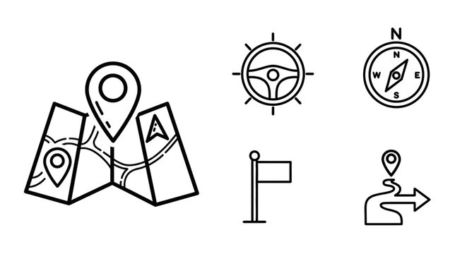 Navigation Icons: Map, Compass, Steering Wheel, Flag, Route