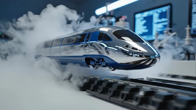 Silver Maglev Train Model Hovering Over Track with White Smoke in Laboratory