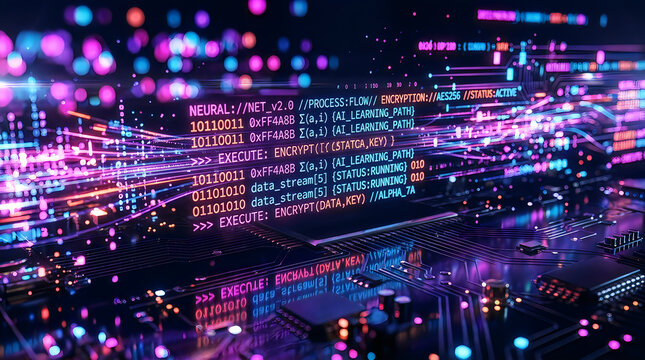 Abstract digital data flow with glowing neon binary code and circuit board patterns, abstract
