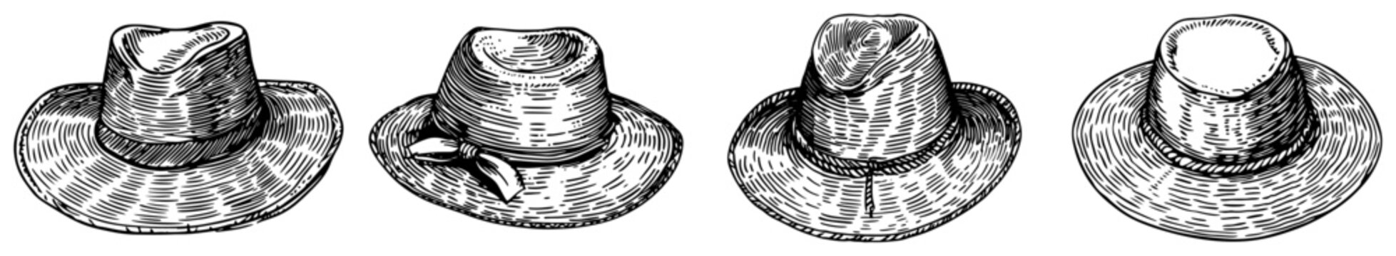Summer sun hats and fedoras collection in vintage engraving style