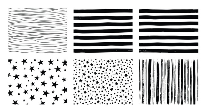 Set of six hand drawn monochrome patterns featuring stripes lines stars and dots for background and surface design.
