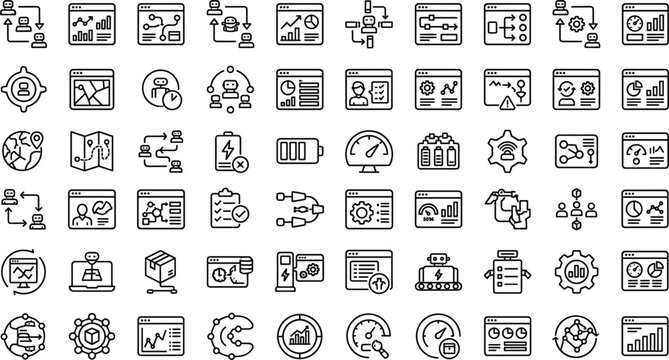 Subscription analytics workflow outline icon collection with billing automation user management and service monitoring dashboard symbols