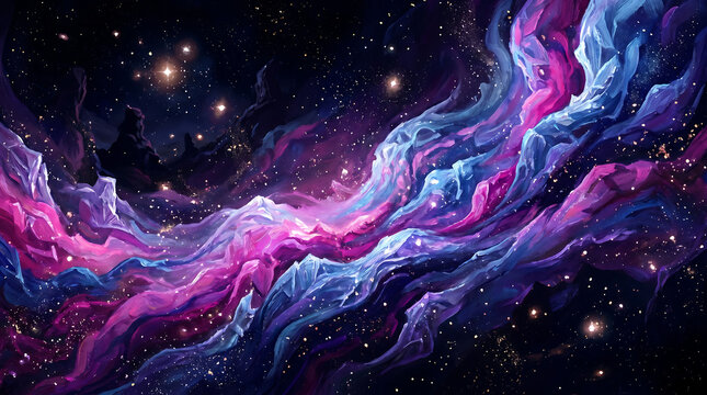 Vibrant cosmic nebula with swirling pink and blue gas clouds and scattered stars.