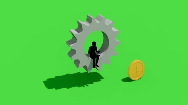 3D animation of a person silhouette sitting sadly inside a gear with a rolling gold dollar coin on green screen. Conceptual chroma key video for financial crisis, economic depression, burnout, and cor