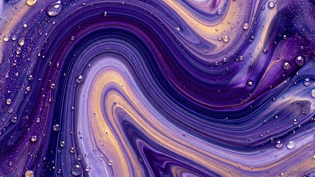 Premium Dark Purple Indigo and Gold Fluid Marble Background with Abundant Water Droplets and Sparkling Glitter Particles