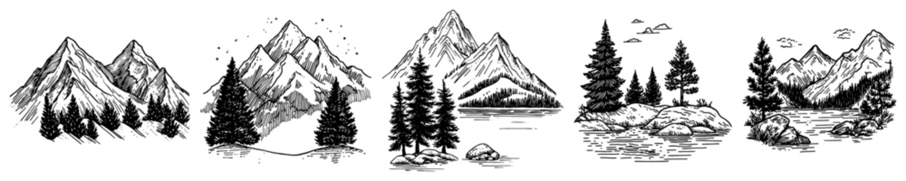 Mountain landscape scenes with pine trees and lakes in vintage engraving style