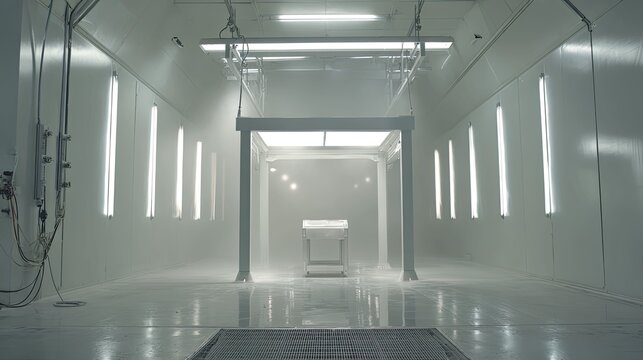 Cleanroom with controlled environment preparing for operations, featuring an empty patient bed and bright fluorescent lighting, evoking concepts of sterile space, science, and healthcare