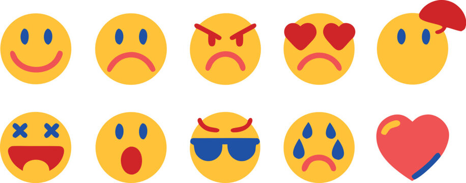 Flat Vector Emoji Face Icon Set with Various Expressions and Human Mood Emotions