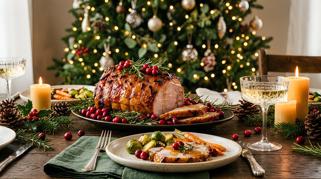 Holiday ham dinner with festive christmas tree and candles holiday table winter feast wine glass