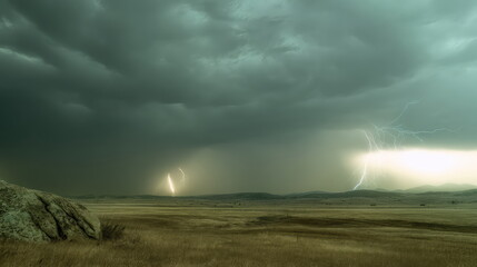 Fototapeta premium Lightning illuminates a dramatic dark sky over a dry expansive prairie landscape, highlighting an impending powerful thunderstorm and raw energy of nature