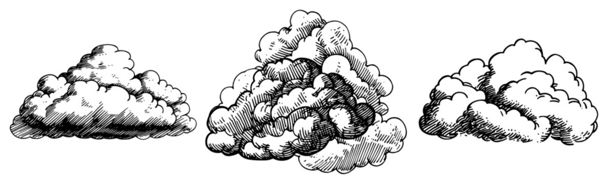 Cloud collection for sky backgrounds in vintage engraving style