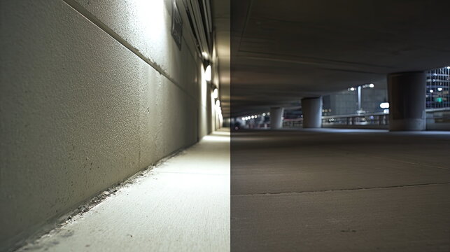 Urban concrete underpass at night, with artificial lighting casting strong shadows, creating a dynamic perspective of the city infrastructure and architecture