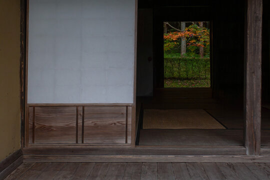 Interior of traditional Japanese house with autumn view through doorway