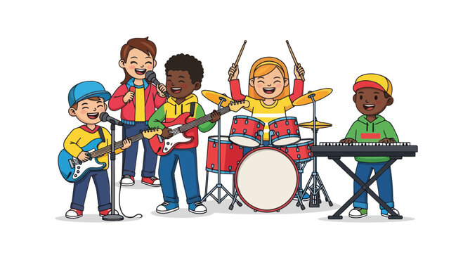 Children's Music Band Playing Instruments and Singing Together