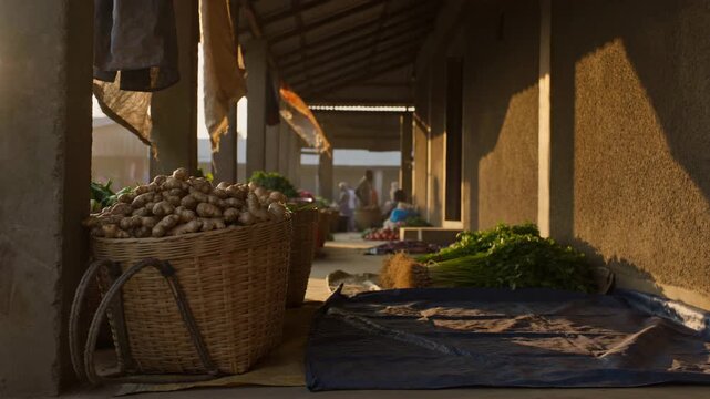 Baskets of Freshly Harvested Ginger and Green Vegetables at a Rustic Outdoor Produce Market Bathed