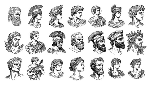 Ancient greek and roman characters set featuring warriors gods and philosophers in vintage engraving style