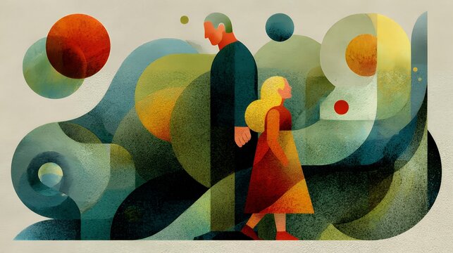 Conceptual bond between father and child, flat illustration combining Memphis retro geometry with boho decorative elements, abstract flowing lines connecting two figures across layered shapes
