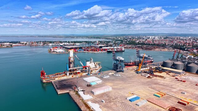 Infrastructure of a large port in the modern city. Drone footage. Fluffy cloudscape in the blue sky.