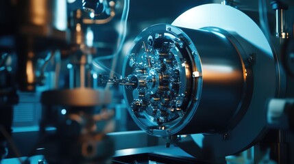 Fototapeta premium Advanced quantum computing hardware operating in a modern laboratory. Revealing its intricate clockwork mechanism with glowing blue light. Symbolizing scientific innovation and technological progress